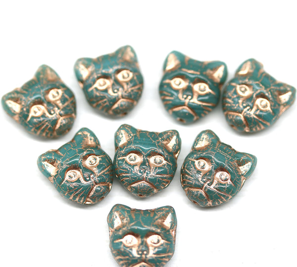 10pc Turquoise cat head beads, copper wash Czech glass feline beads