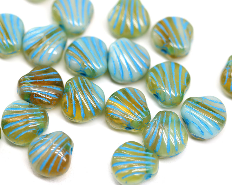 9mm Yellow blue Czech glass shell beads, 20pc