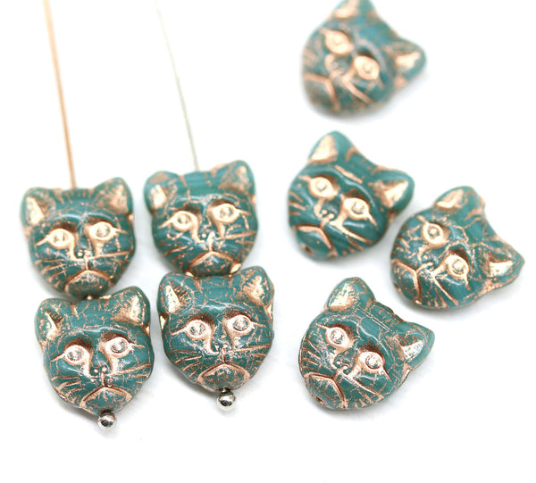 10pc Turquoise cat head beads, copper wash Czech glass feline beads