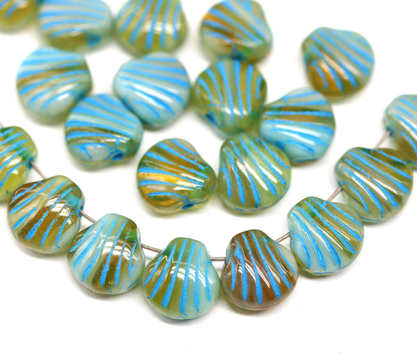 9mm Yellow blue Czech glass shell beads, 20pc