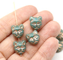 10pc Turquoise cat head beads, copper wash Czech glass feline beads