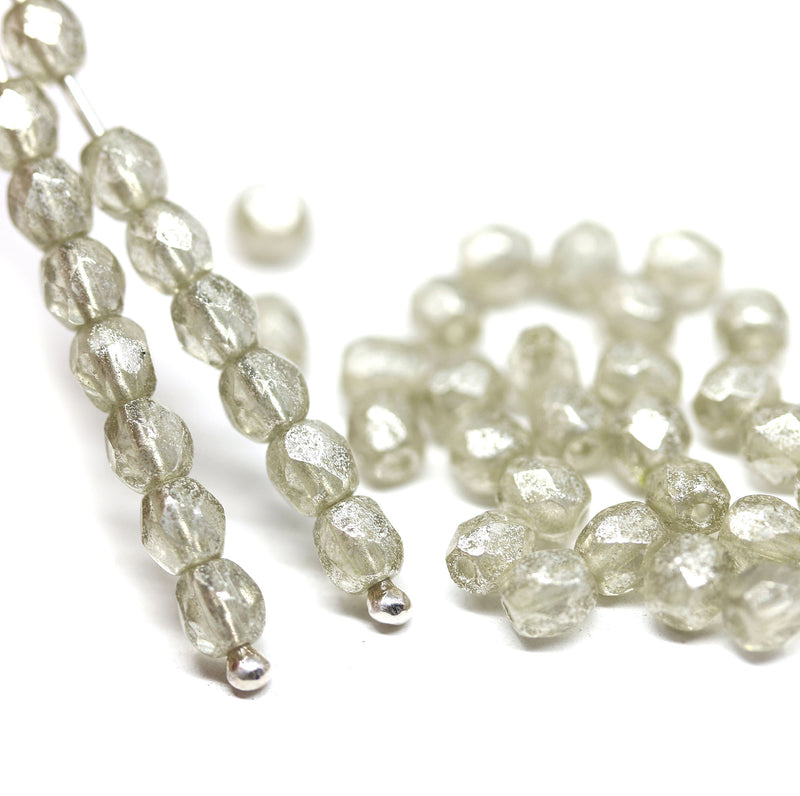 4mm Crystal clear silver wash Czech glass beads, 50Pc