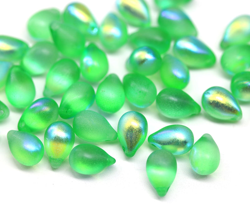 6x9mm Frosted bright green czech glass drops, AB finish, 40pc