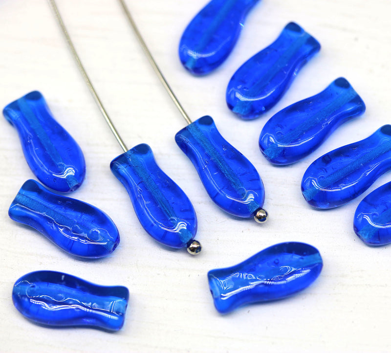 Blue czech glass fish beads 14x7mm, 20pc