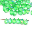6x9mm Frosted bright green czech glass drops, AB finish, 40pc