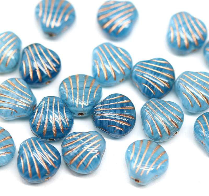 9mm Blue glass shell beads copper wash czech beads, 20pc