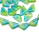 12x7mm Blue green triangle beads white ornament Czech glass, 25Pc