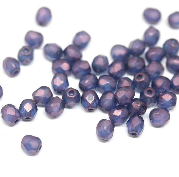 4mm Blue czech glass fire polished beads purple luster - 50Pc