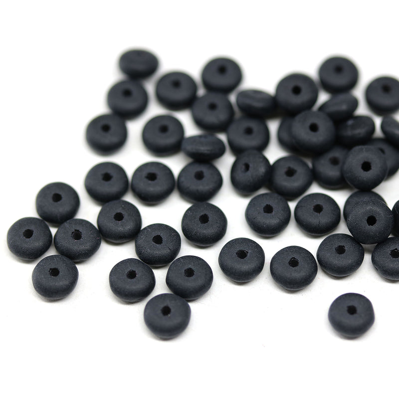 5mm Matte black czech glass rondelle beads - 100pc