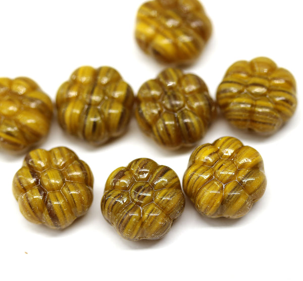 12mm Dark yellow puffy pansy flower czech glass, 8pc