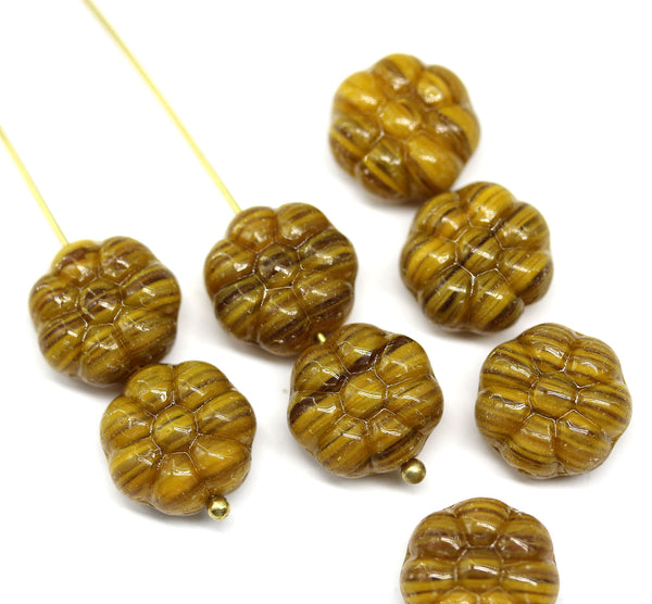 12mm Dark yellow puffy pansy flower czech glass, 8pc