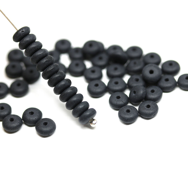 5mm Matte black czech glass rondelle beads - 100pc