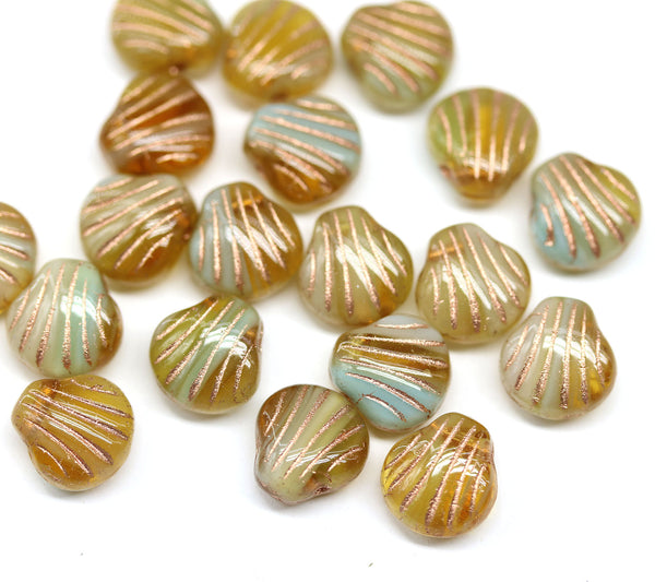 9mm Yellow glass shell beads copper wash czech beads, 20pc