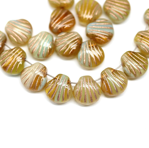 9mm Yellow glass shell beads copper wash czech beads, 20pc