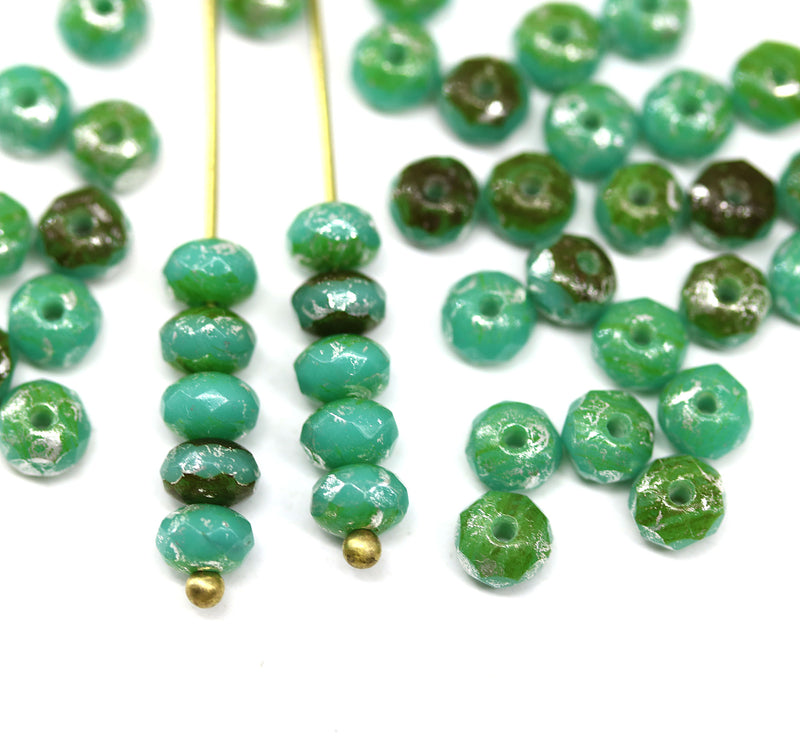 3x5mm Turquoise green czech glass beads silver wash - 50Pc