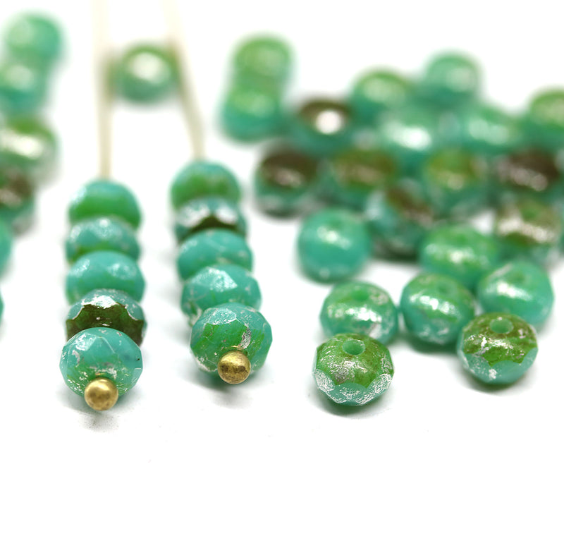 3x5mm Turquoise green czech glass beads silver wash - 50Pc