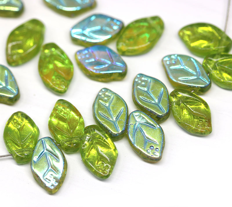 12x7mm Green leaf czech glass beads AB finish - 25Pc