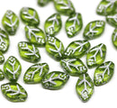 12x7mm Green leaf czech glass beads Silver wash - 25Pc