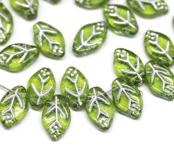 12x7mm Green leaf czech glass beads Silver wash - 25Pc