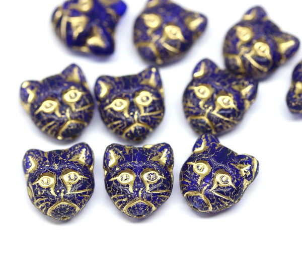 10pc Dark blue cat head Czech glass beads Gold wash