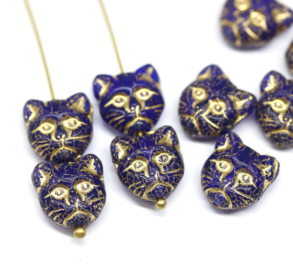 10pc Dark blue cat head Czech glass beads Gold wash
