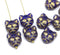 10pc Dark blue cat head Czech glass beads Gold wash