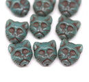 10pc Dark turquoise cat head Czech glass beads brown wash