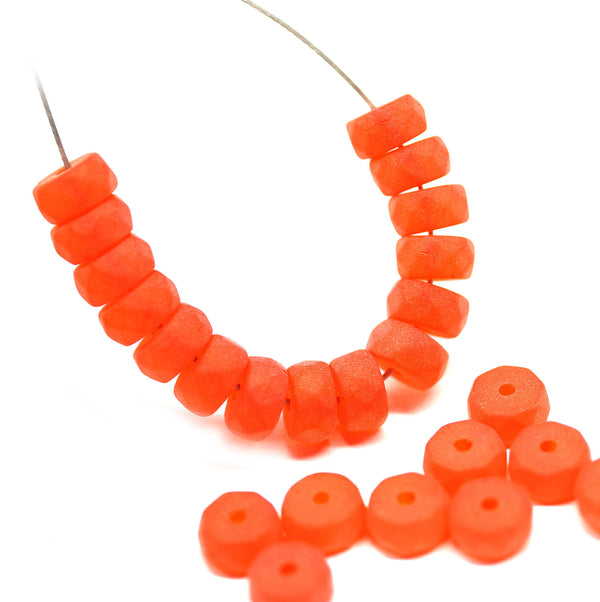 6x3mm Frosted orange rondelle fire polished czech glass beads, 25pc