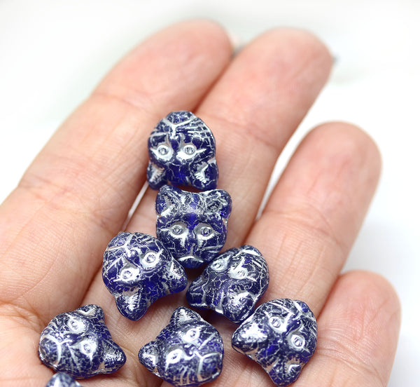 10pc Dark blue cat head Czech glass beads silver wash