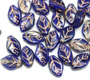 12x7mm Dark cobalt blue leaf mixed color Czech glass beads gold wash, 30pc