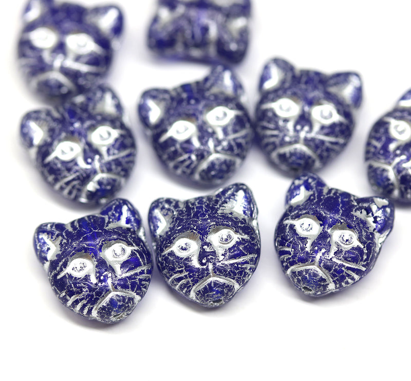 10pc Dark blue cat head Czech glass beads silver wash
