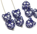 10pc Dark blue cat head Czech glass beads silver wash