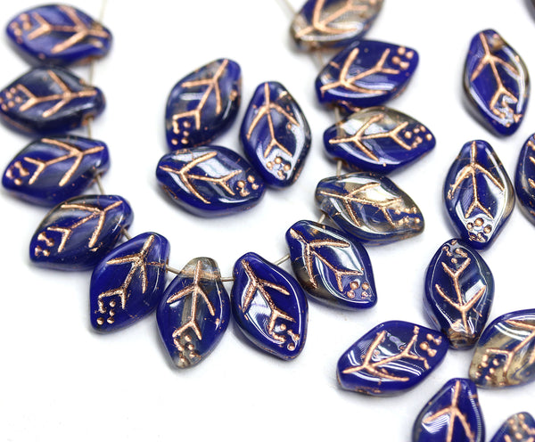 12x7mm Dark cobalt blue leaf mixed color Czech glass beads gold wash, 30pc