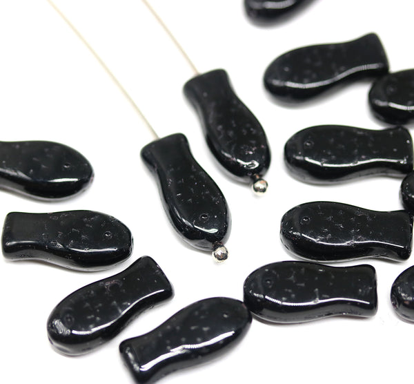 Black czech glass fish beads 14x7mm, 20pc