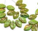 12x7mm Light green yellow leaf Czech glass beads copper wash, 30pc