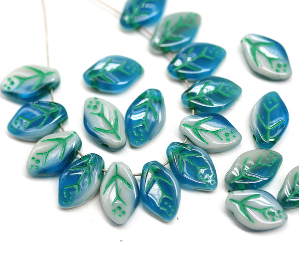 12x7mm Dark blue leaf mixed color Czech glass beads, 30pc