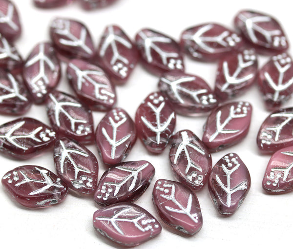 12x7mm Dark pink leaf mixed color Czech glass beads, silver wash, 30pc