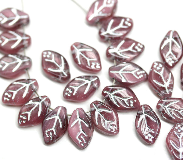 12x7mm Dark pink leaf mixed color Czech glass beads, silver wash, 30pc