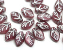 12x7mm Dark pink leaf mixed color Czech glass beads, silver wash, 30pc