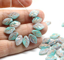 12x7mm Mint green pink leaf Czech glass beads gold wash, 30pc