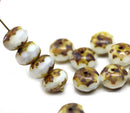 7x11mm White puffy rondelle picasso Czech glass beads, 6pc