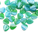 9mm Blue green glass leaf beads, Heart shaped triangle leaf, 40pc