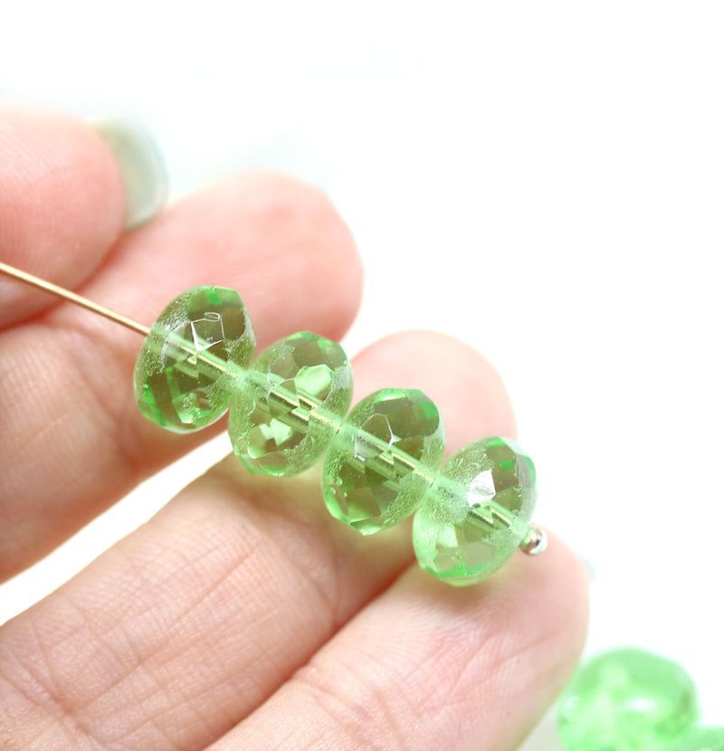 7x11mm Light grass green puffy rondelle Czech glass beads, 8pc