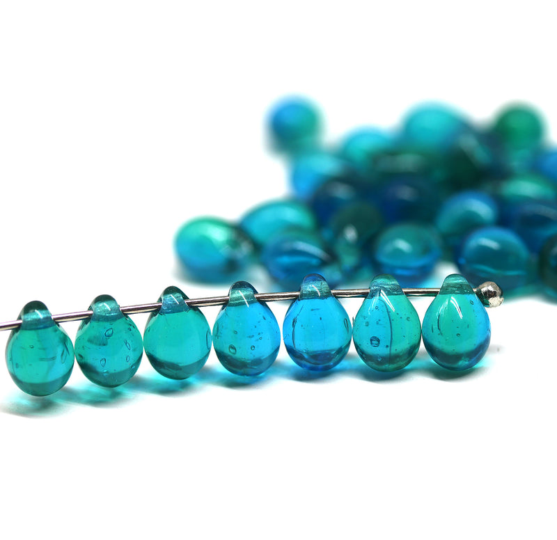 5x7mm Mixed blue green glass drops, czech teardrop beads - 40pc