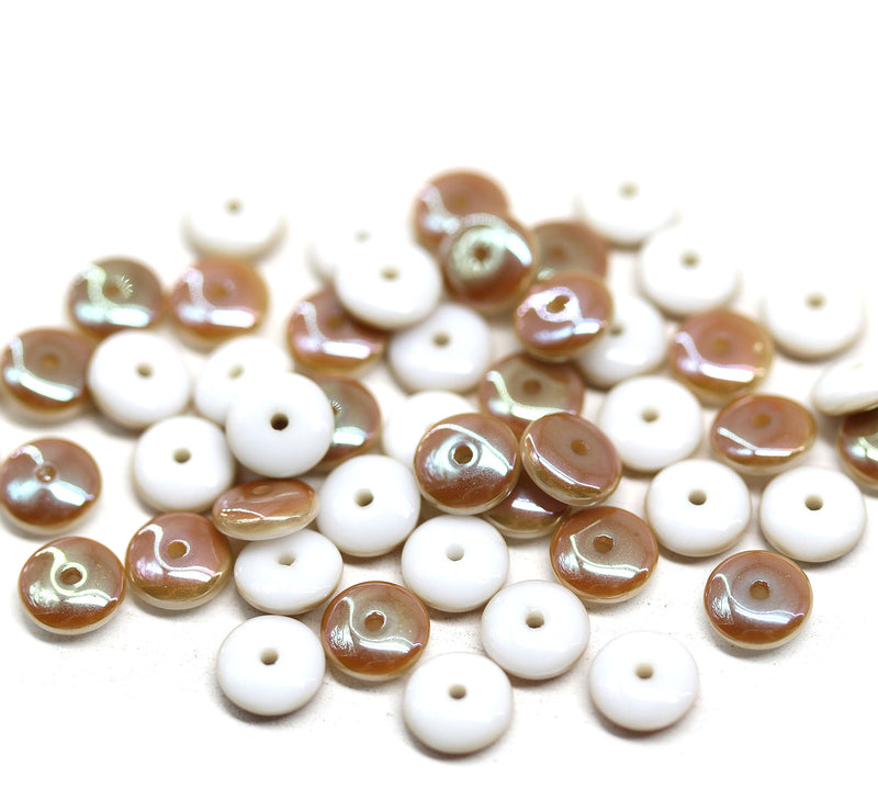 6mm Opaque white czech glass rondelle spacer beads brown luster, 50pc