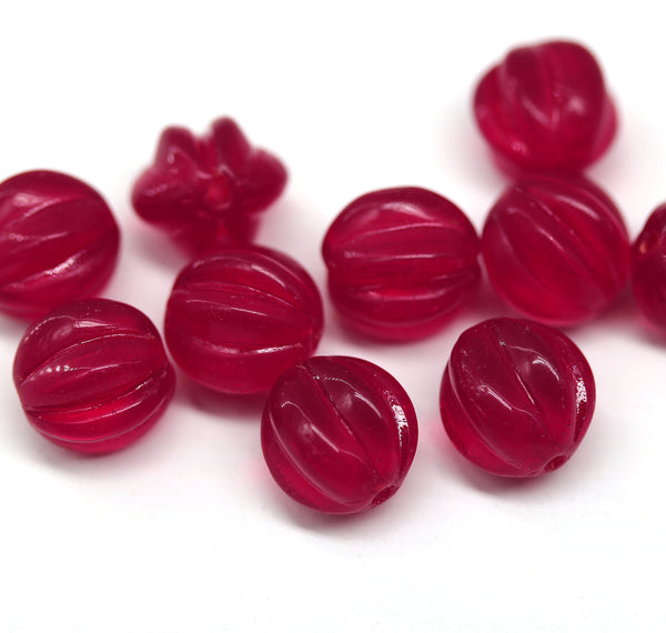 10mm Red round melon shape glass beads, 10pc