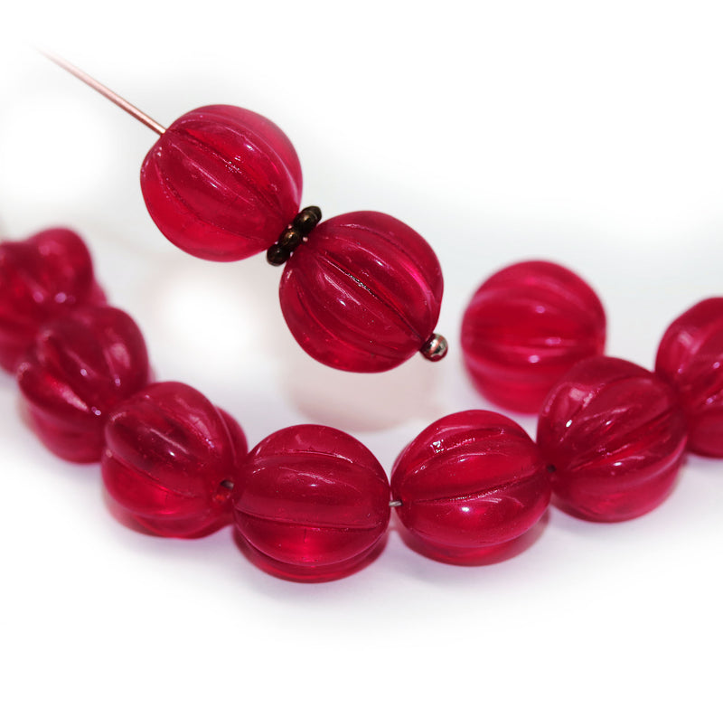 10mm Red round melon shape glass beads, 10pc