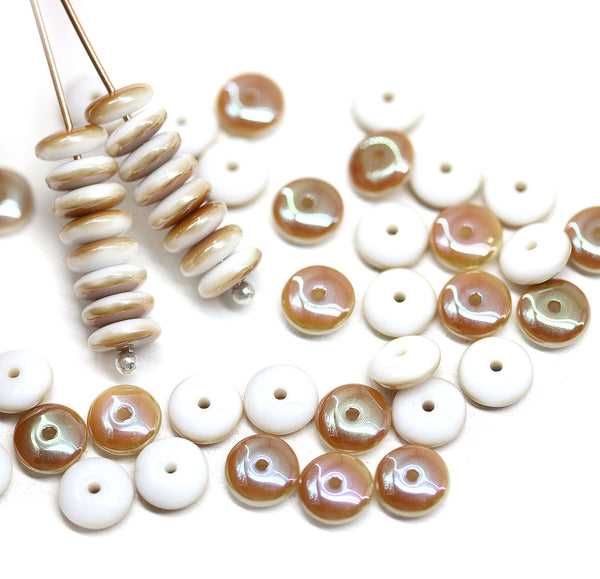 6mm Opaque white czech glass rondelle spacer beads brown luster, 50pc