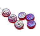 Frosted red czech glass snowflake beads AB finish - 6pc