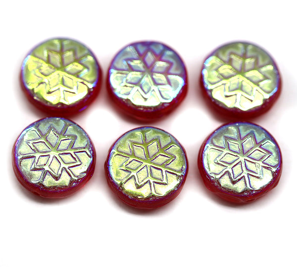 Transparent red czech glass snowflake beads AB finish - 6pc